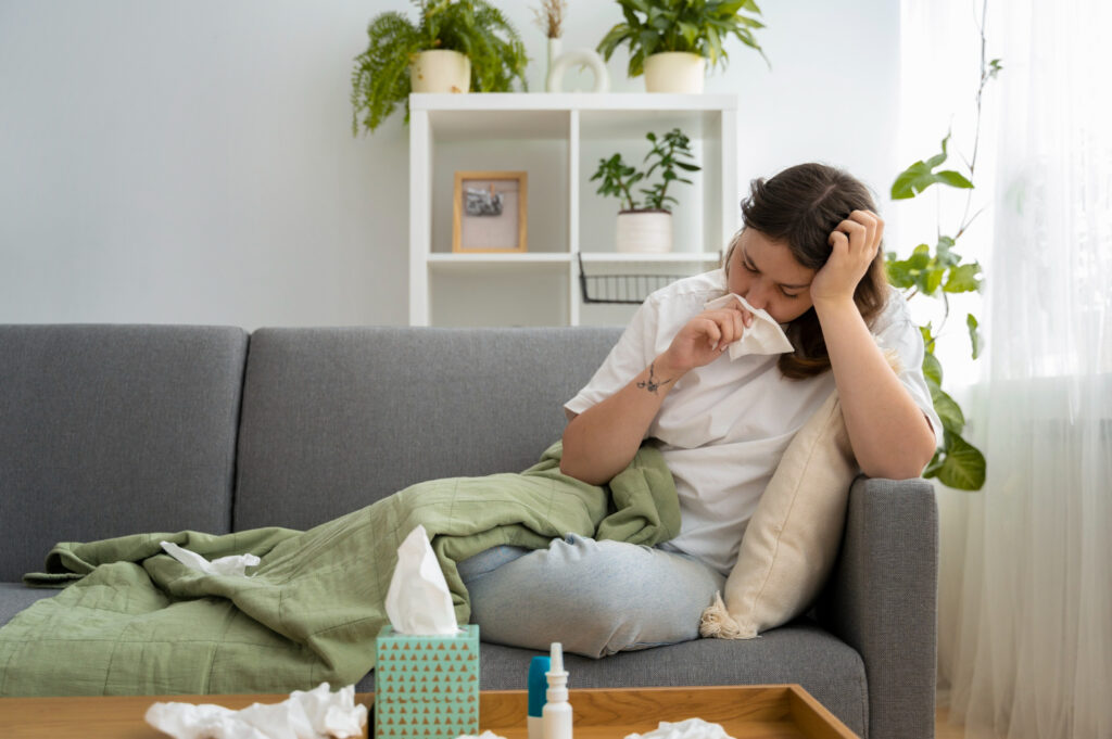 Full Shot Sick Woman Couch Home