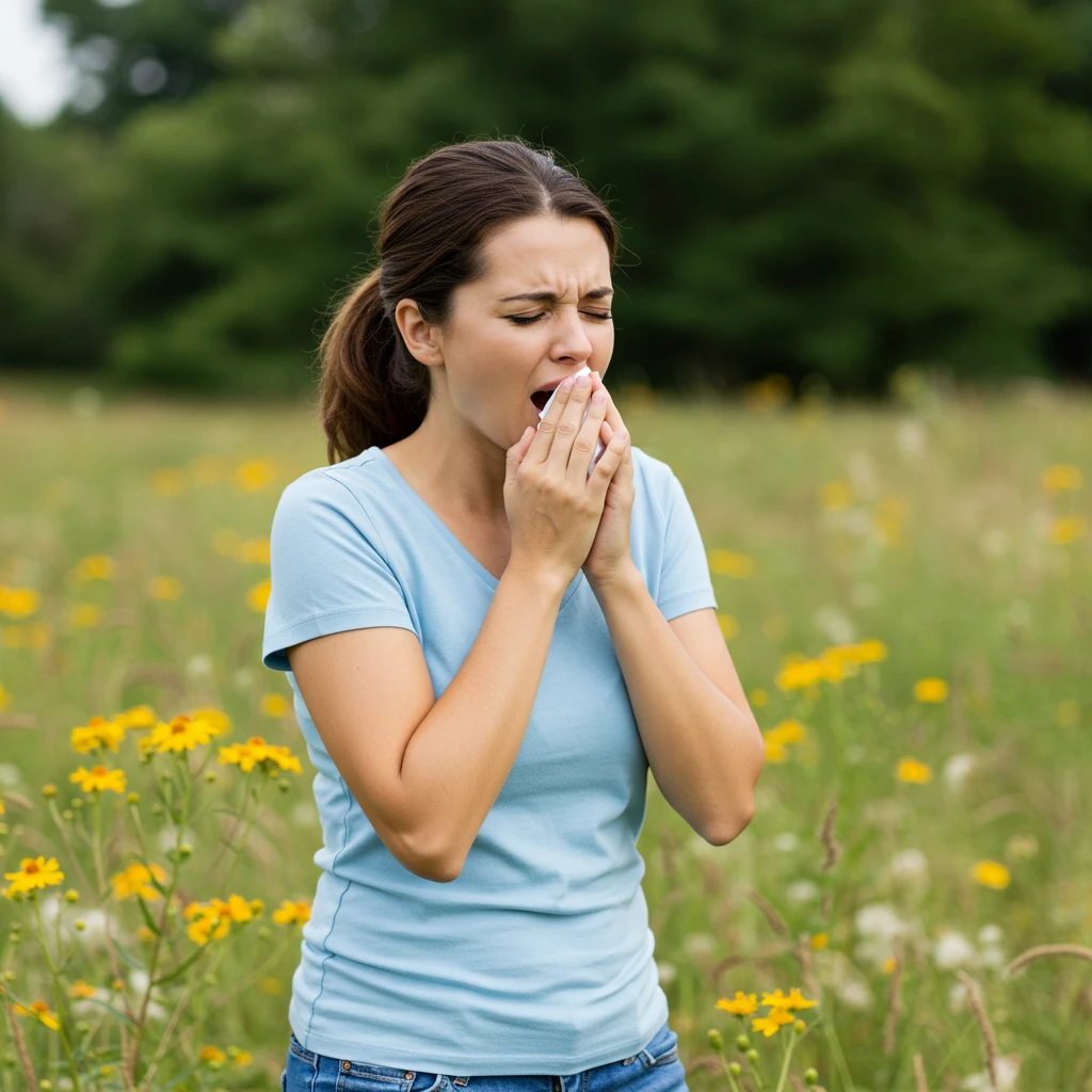 A woman is sneezing due to pollen allergy